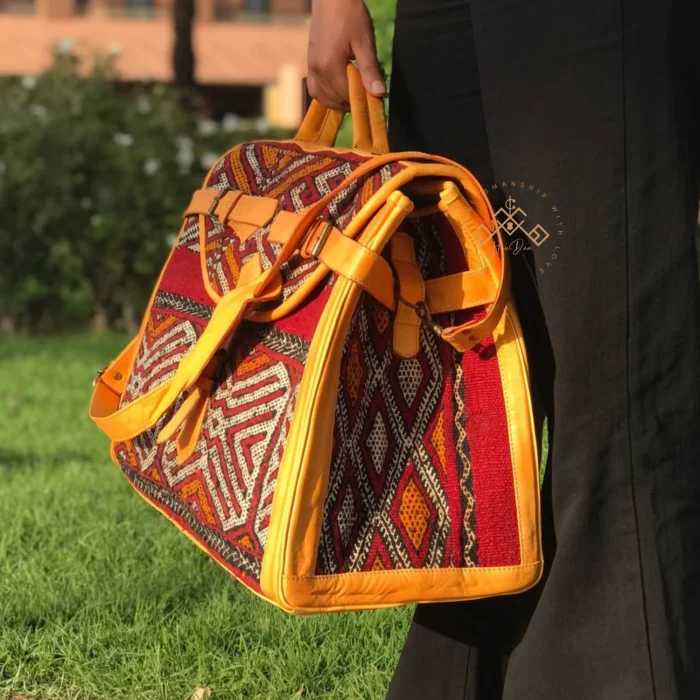 Moroccan Vintage Carpet Bag Leather Weekender - Image 4