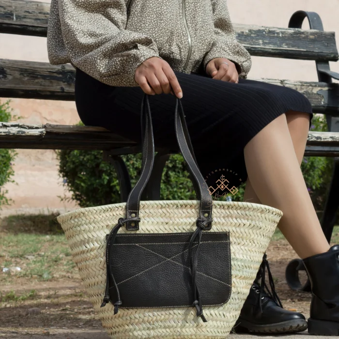 Moroccan Woven Basket with Leather Touch - Image 3