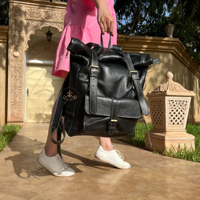 Black Roll Top Leather Backpack for men & women - Image 6