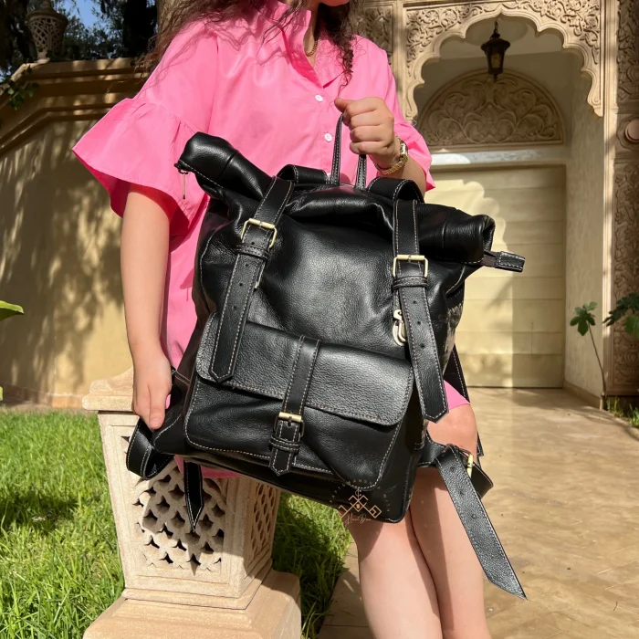Black Roll Top Leather Backpack for men & women - Image 3