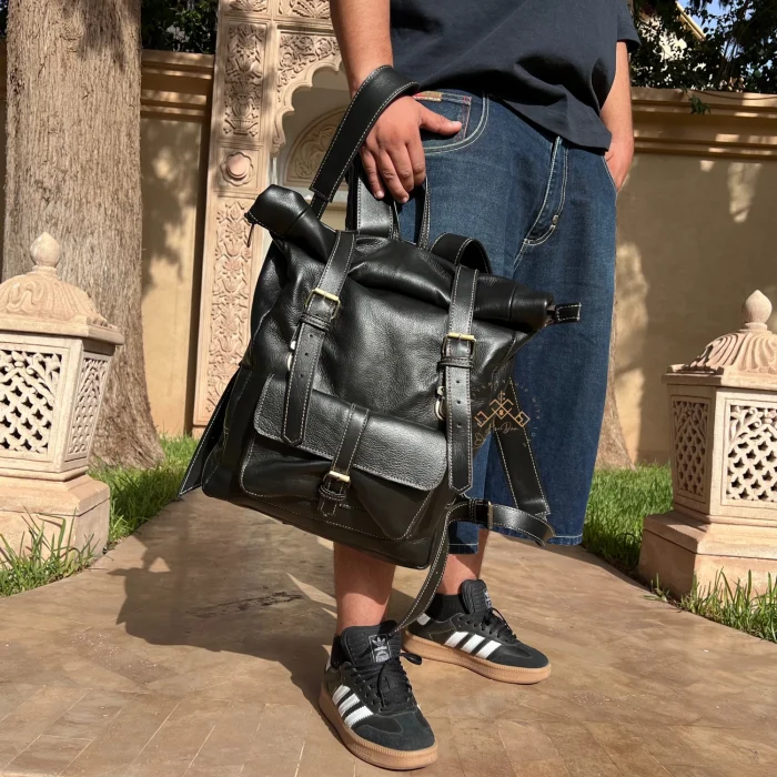 Black Roll Top Leather Backpack for men & women - Image 2
