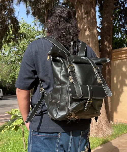 Black Roll Top Leather Backpack for men & women