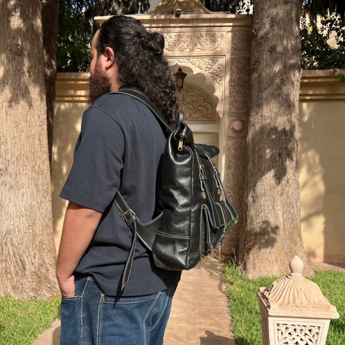 Black Roll Top Leather Backpack for men & women - Image 4