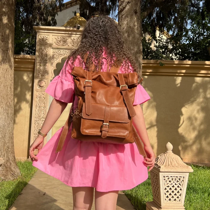 Hndmade Brown Roll Top Leather Backpack - Image 5