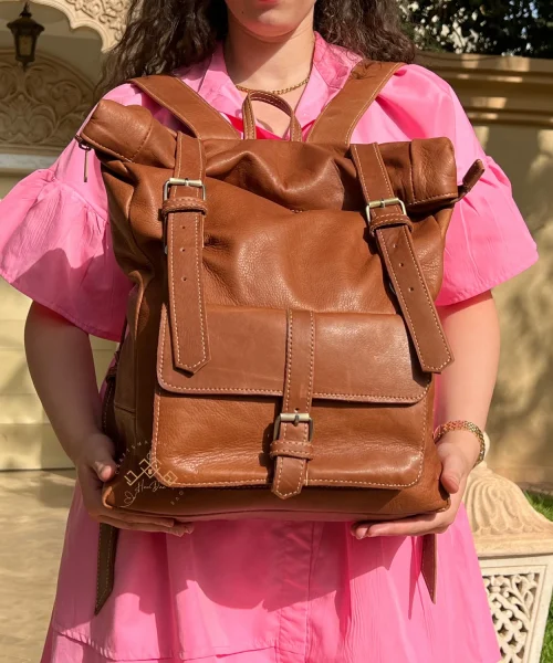 Hndmade Brown Roll Top Leather Backpack