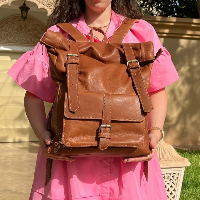 Hndmade Brown Roll Top Leather Backpack