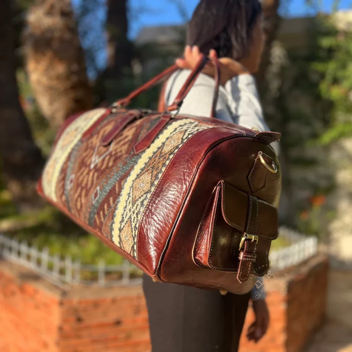 Morrocan Leather Travel Bag with Brown Carpet - Image 4