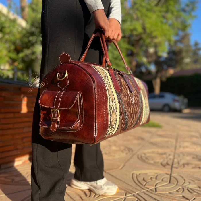 Morrocan Leather Travel Bag with Brown Carpet - Image 5