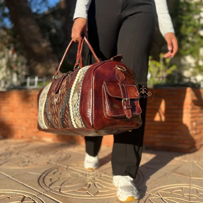 Morrocan Leather Travel Bag with Brown Carpet - Image 2