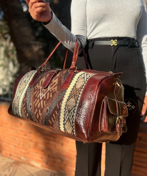Morrocan Leather Travel Bag with Brown Carpet