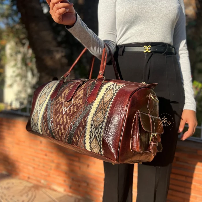Morrocan Leather Travel Bag with Brown Carpet