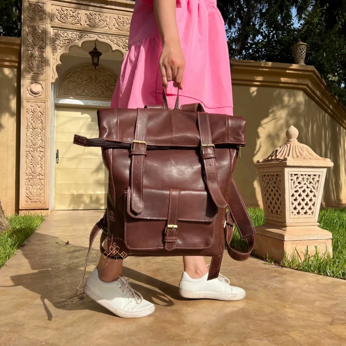 Handmade Dark Brown Roll Top Leather Backpack - Image 3