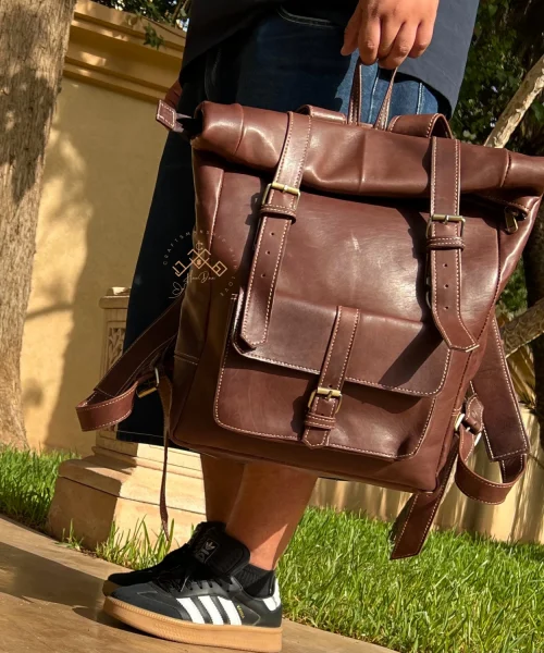 Handmade Dark Brown Roll Top Leather Backpack