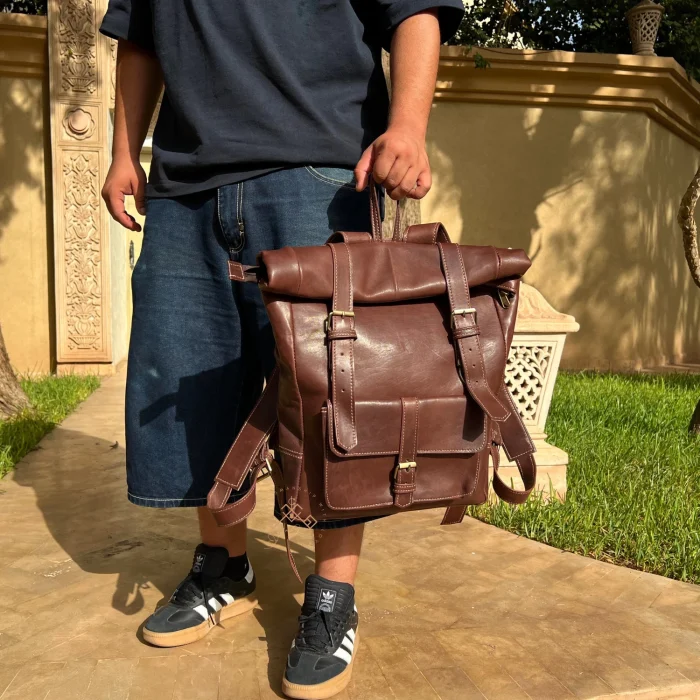 Handmade Dark Brown Roll Top Leather Backpack - Image 7