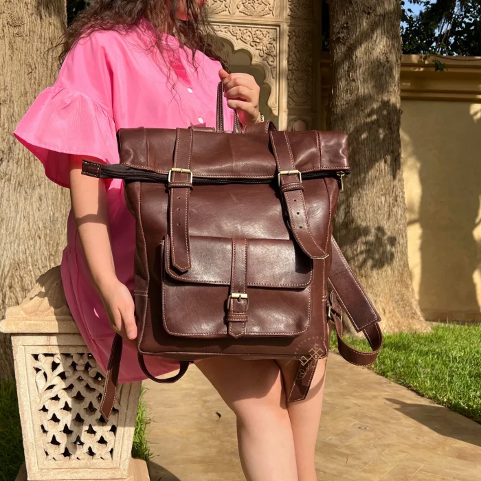 Handmade Dark Brown Roll Top Leather Backpack - Image 2