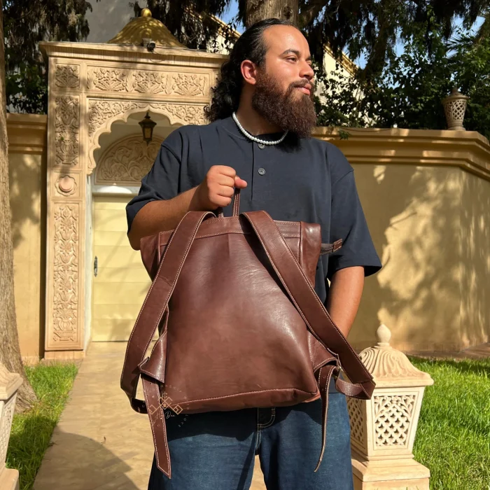 Handmade Dark Brown Roll Top Leather Backpack - Image 6