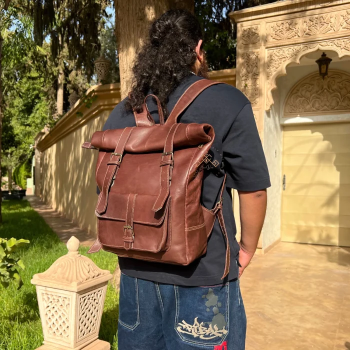 Handmade Dark Brown Roll Top Leather Backpack - Image 4