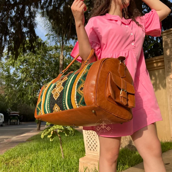 Large leather Travel Bag With Green Carpet