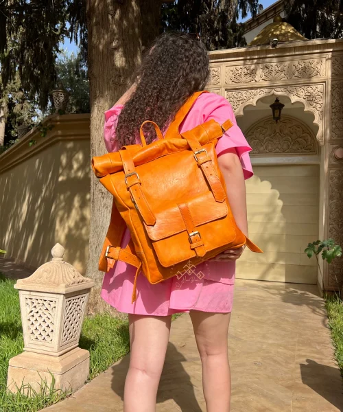 Roll Top Backpack with Havana leather