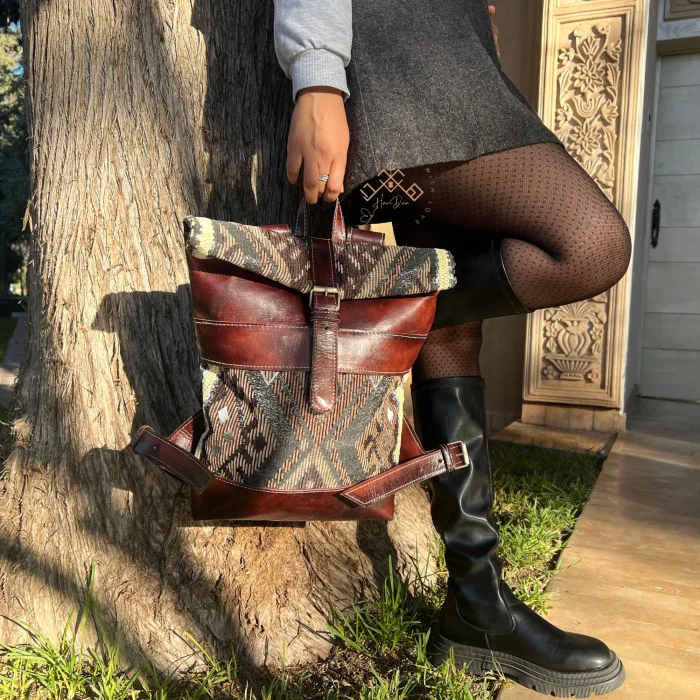 Artisan Roll Top Leather Backpack with Unique Brown Kilim Fabric - Image 7