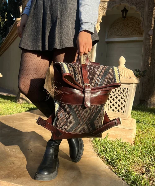 Artisan Roll Top Leather Backpack with Unique Brown Kilim Fabric