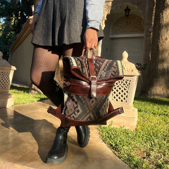 Artisan Roll Top Leather Backpack with Unique Brown Kilim Fabric