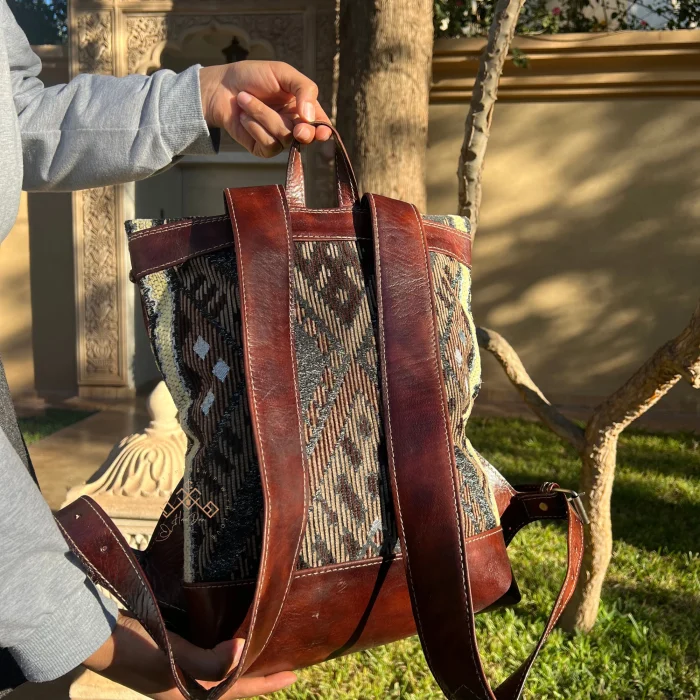 Artisan Roll Top Leather Backpack with Unique Brown Kilim Fabric - Image 5