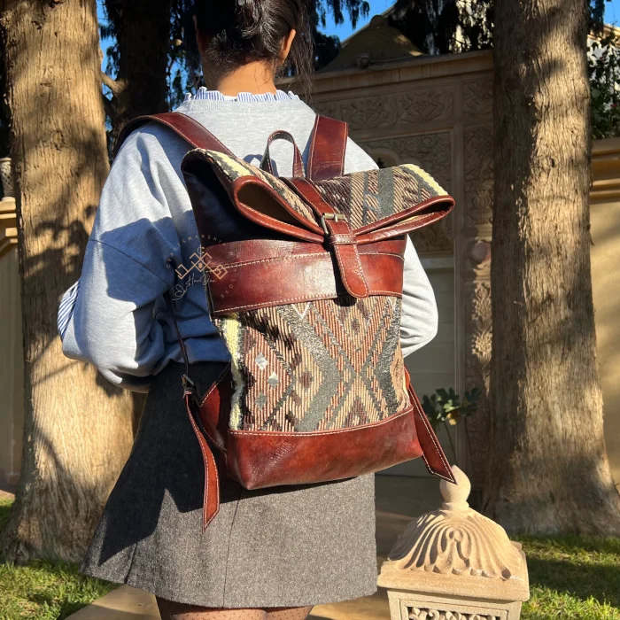 Artisan Roll Top Leather Backpack with Unique Brown Kilim Fabric - Image 2