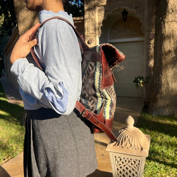 Artisan Roll Top Leather Backpack with Unique Brown Kilim Fabric - Image 3
