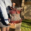 Artisan Roll Top Leather Backpack with Unique Brown Kilim Fabric