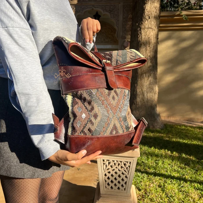Artisan Roll Top Leather Backpack with Unique Brown Kilim Fabric - Image 6