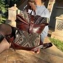 Artisan Roll Top Leather Backpack with Unique Brown Kilim Fabric