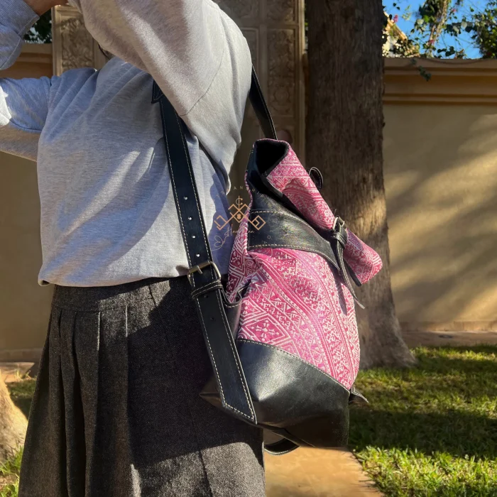 Black Artisan Roll Top Leather Backpack with Unique Pink Kilim Fabric - Image 3