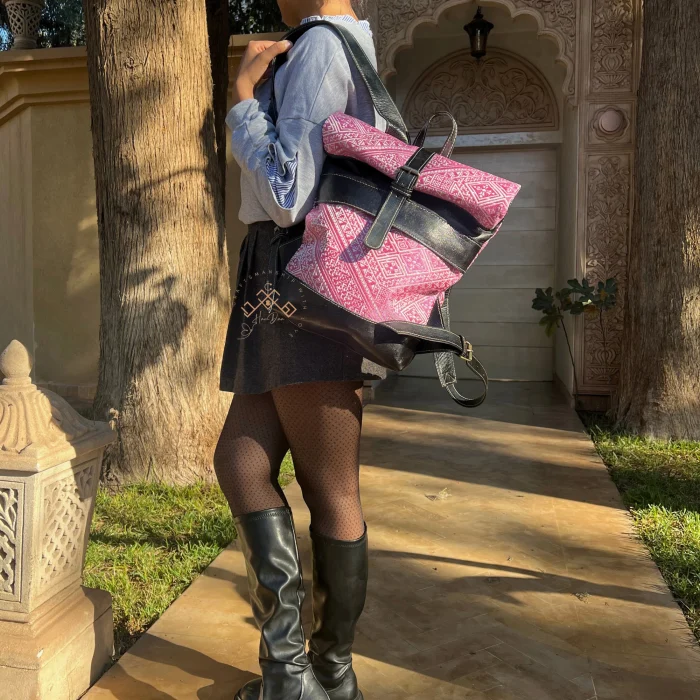 Black Artisan Roll Top Leather Backpack with Unique Pink Kilim Fabric - Image 5