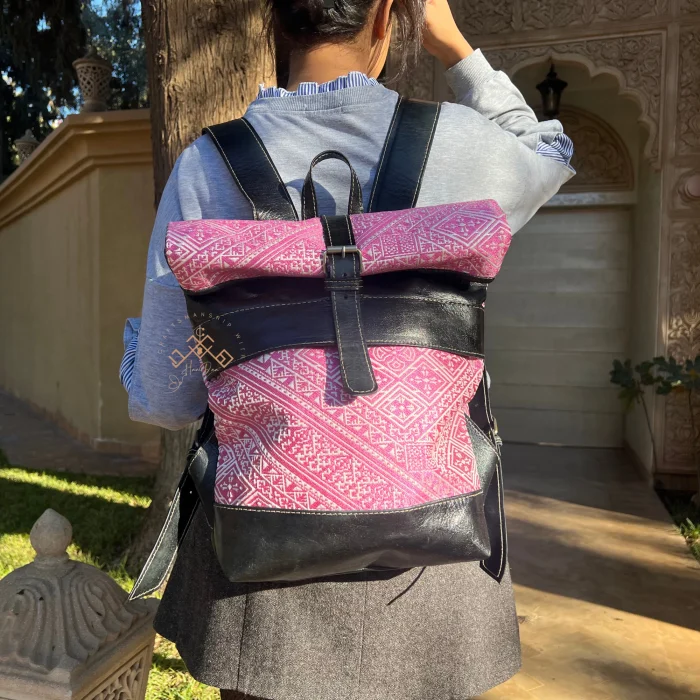 Black Artisan Roll Top Leather Backpack with Unique Pink Kilim Fabric - Image 4