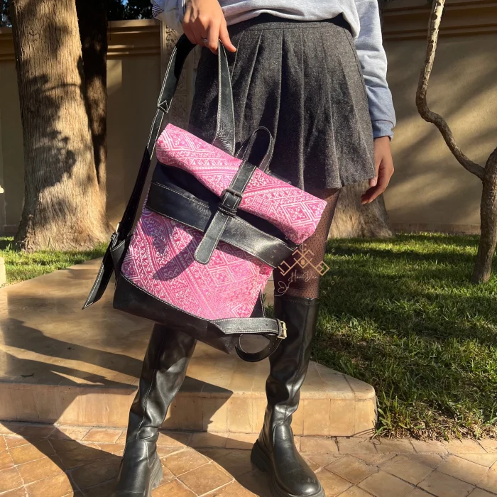 Black Artisan Roll Top Leather Backpack with Unique Pink Kilim Fabric - Image 6