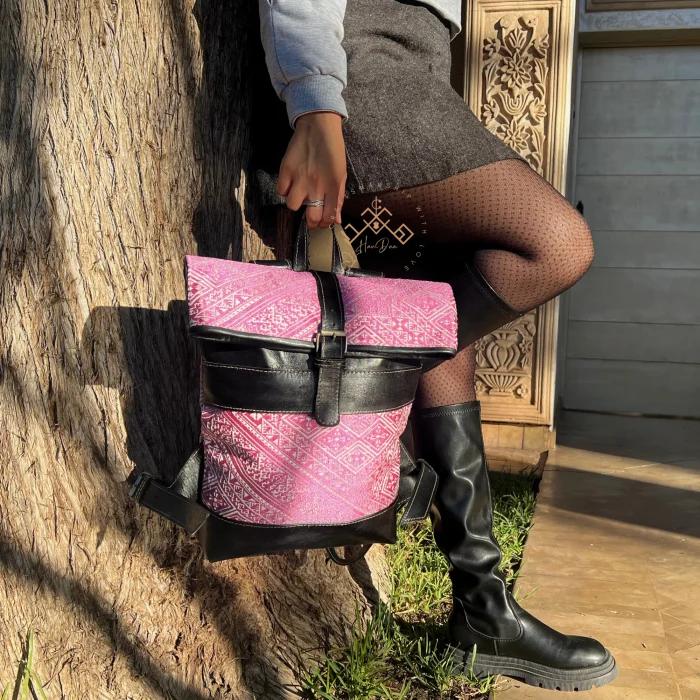 Black Artisan Roll Top Leather Backpack with Unique Pink Kilim Fabric - Image 2