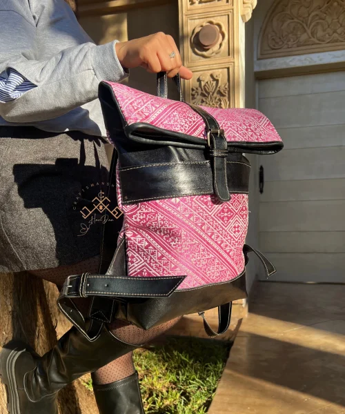 Black Artisan Roll Top Leather Backpack with Unique Pink Kilim Fabric