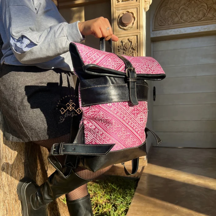 Black Artisan Roll Top Leather Backpack with Unique Pink Kilim Fabric