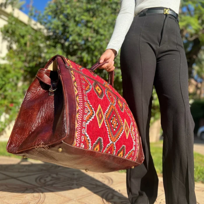 Large Red Carpet Travel Bag With Dark Brown leather - Image 5