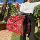 Large Red Carpet Travel Bag With Dark Brown leather
