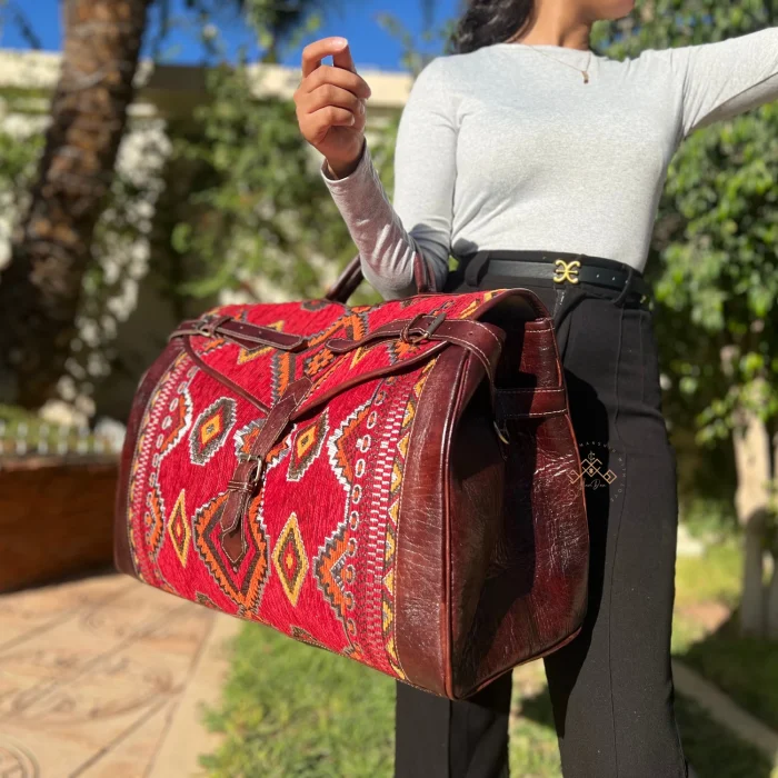 Large Red Carpet Travel Bag With Dark Brown leather - Image 4