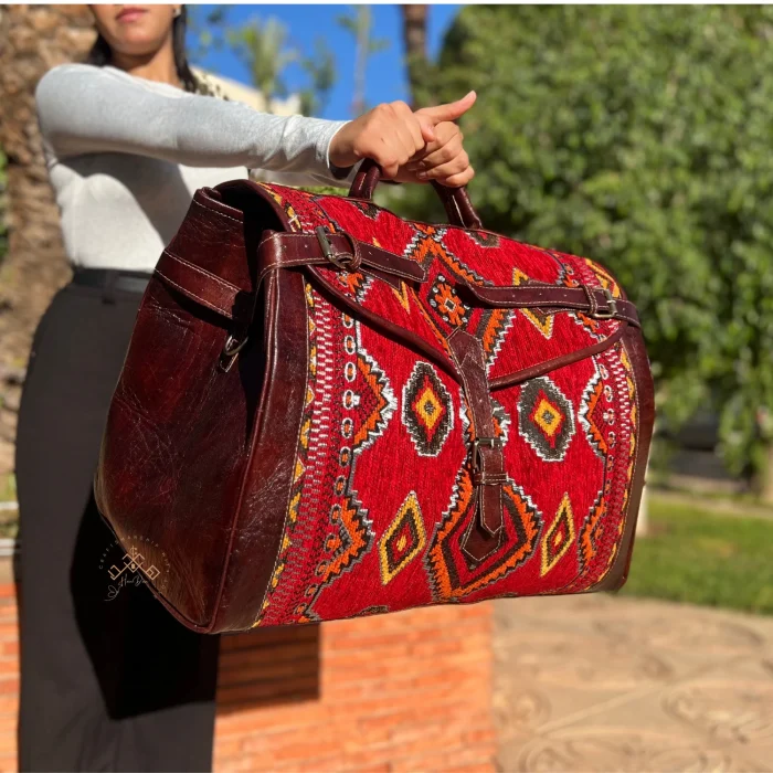 Large Red Carpet Travel Bag With Dark Brown leather - Image 3