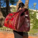 Large Red Carpet Travel Bag With Dark Brown leather