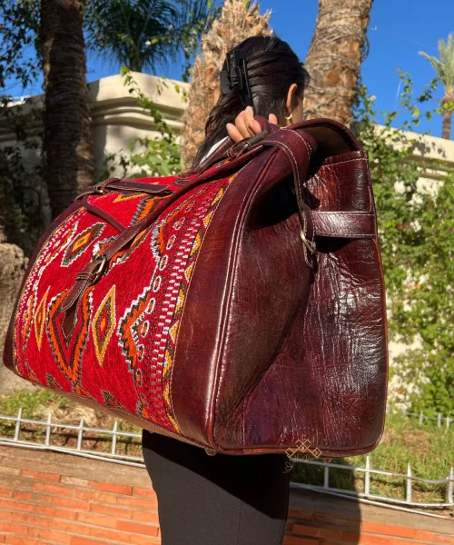 Large Red Carpet Travel Bag With Dark Brown leather