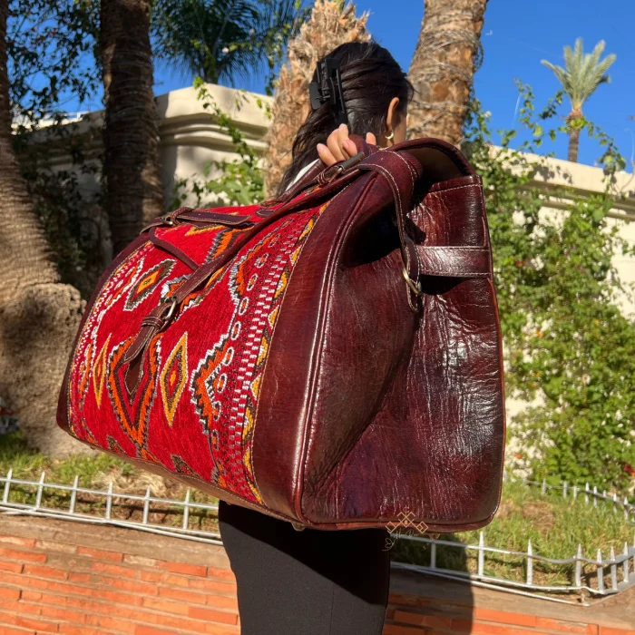Large Red Carpet Travel Bag With Dark Brown leather