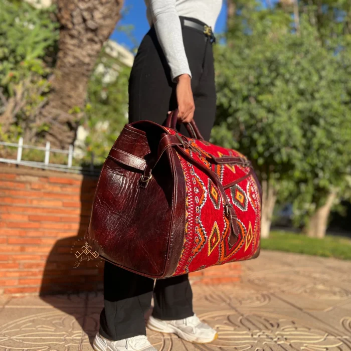 Large Red Carpet Travel Bag With Dark Brown leather - Image 6
