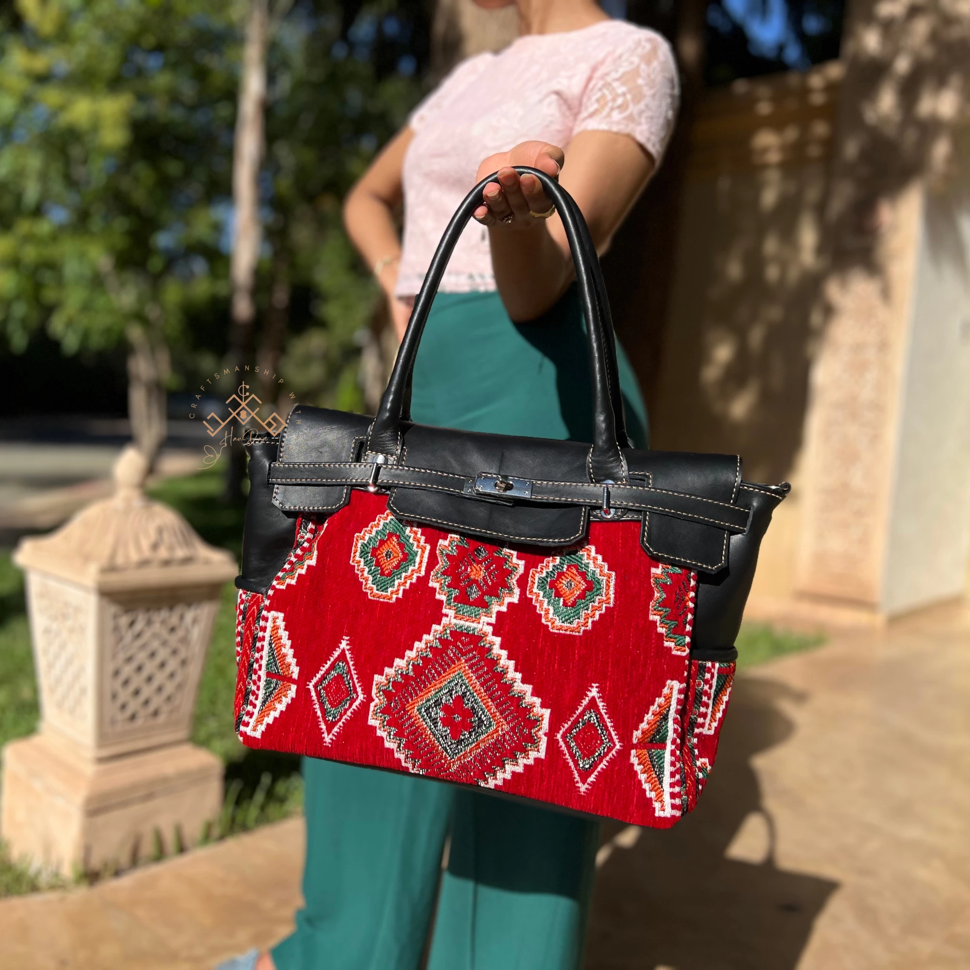 Black Leather Kilim Handbag - Luxe Red Kilim Shoulder Bag - Image 5