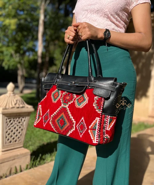 Black Leather Kilim Handbag - Luxe Red Kilim Shoulder Bag