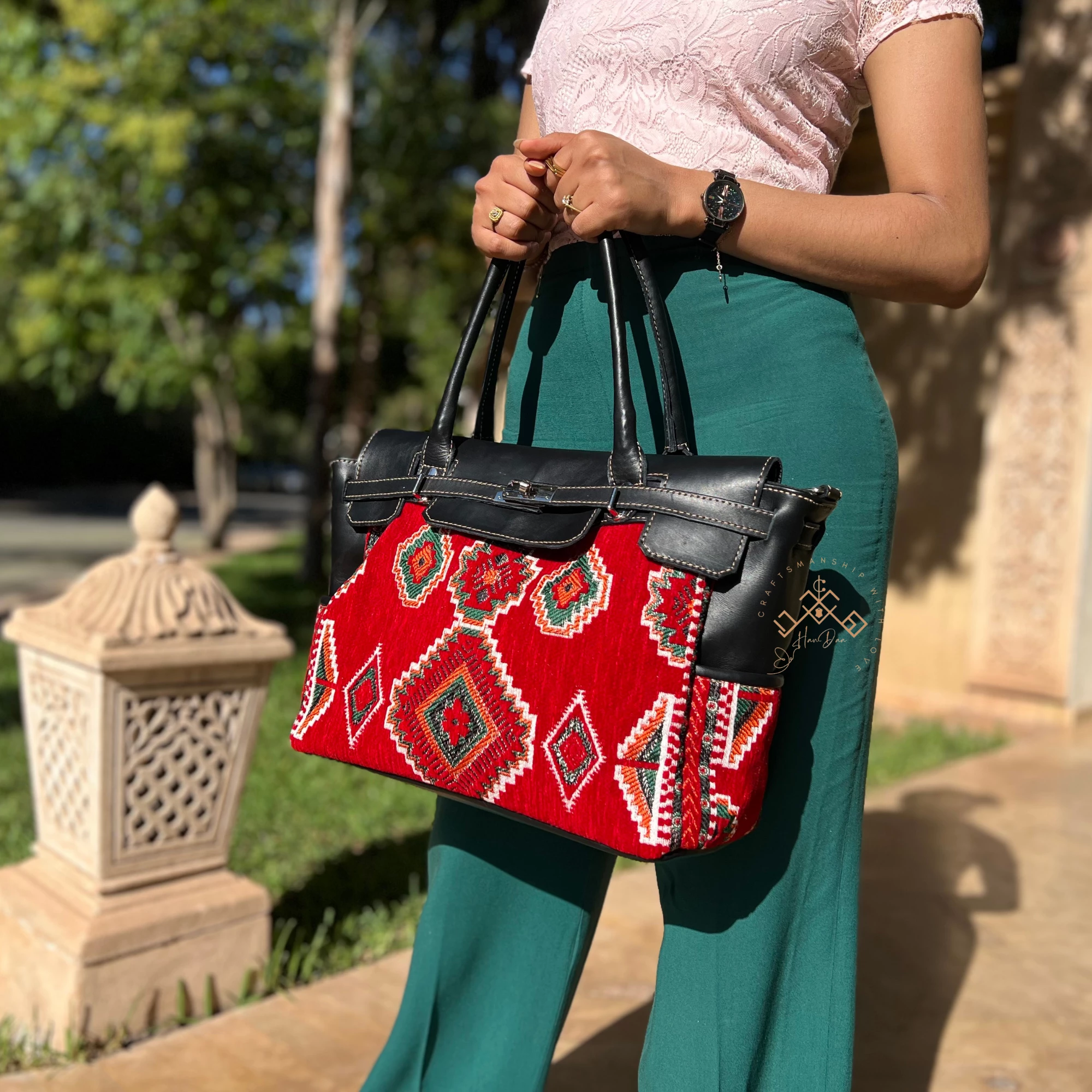 Black Leather Kilim Handbag - Luxe Red Kilim Shoulder Bag